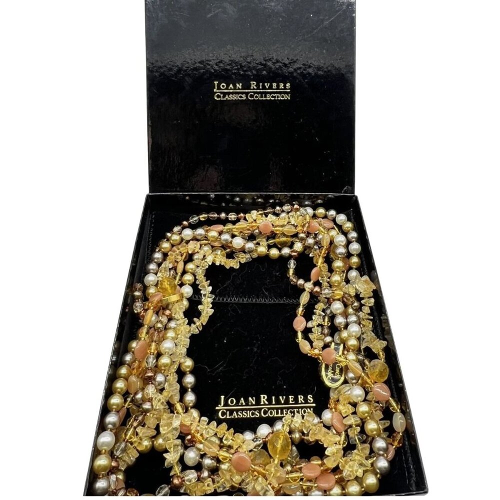 VTG Joan Rivers Czech Glass Pearl Necklace Gold-Tone 4 Strand Clip Signed